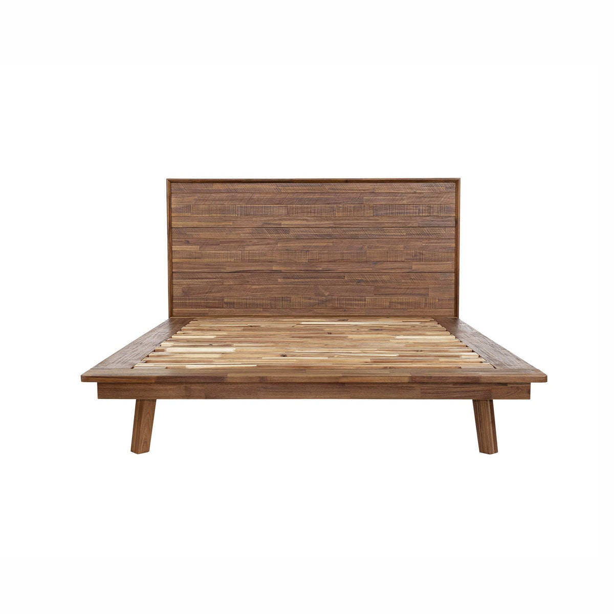 Front view of the Gia platform bed featuring a clean-lined headboard with horizontal wood planks in a weathered light oak finish
