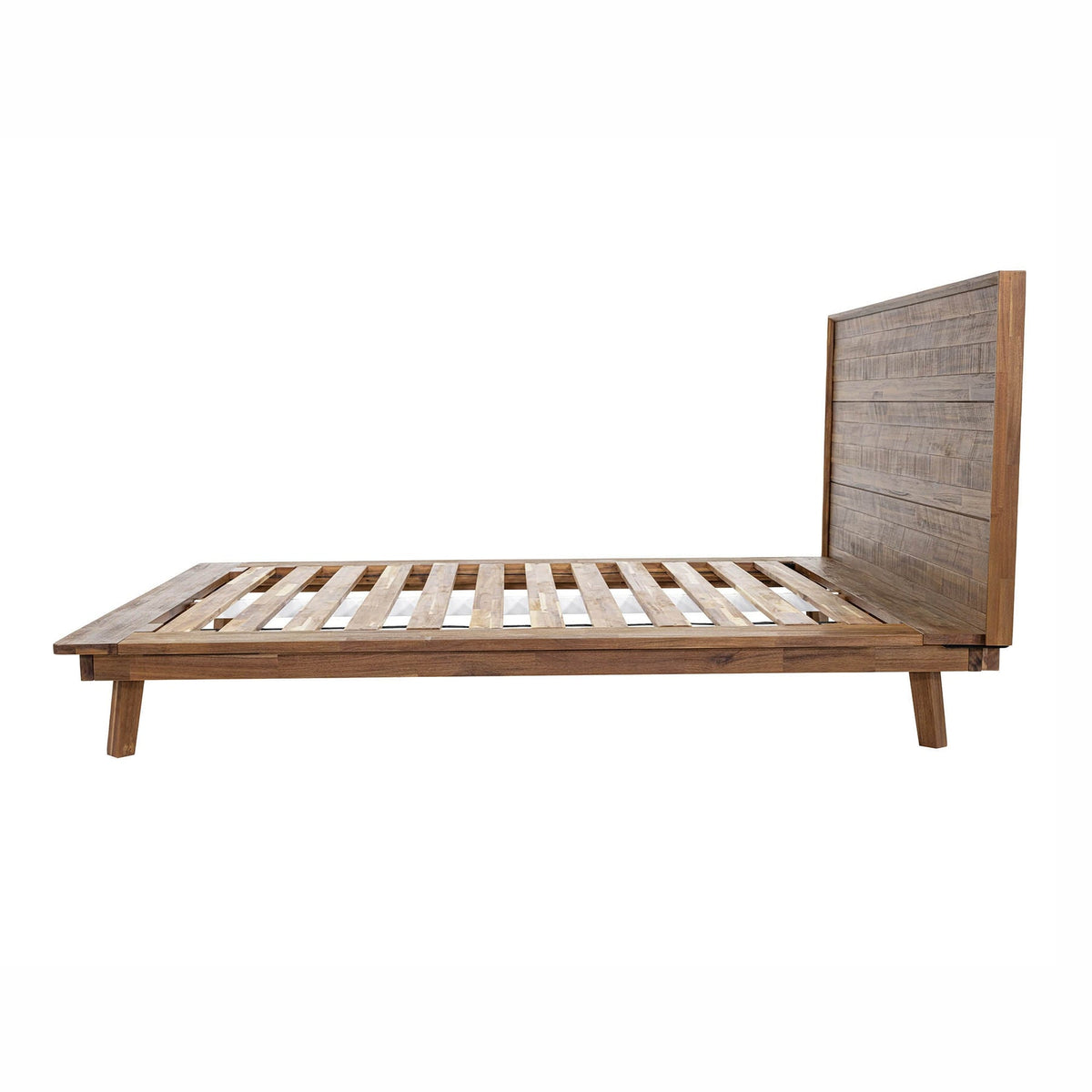 Front view of the Gia platform bed featuring a clean-lined headboard with horizontal wood planks in a weathered light oak finish
