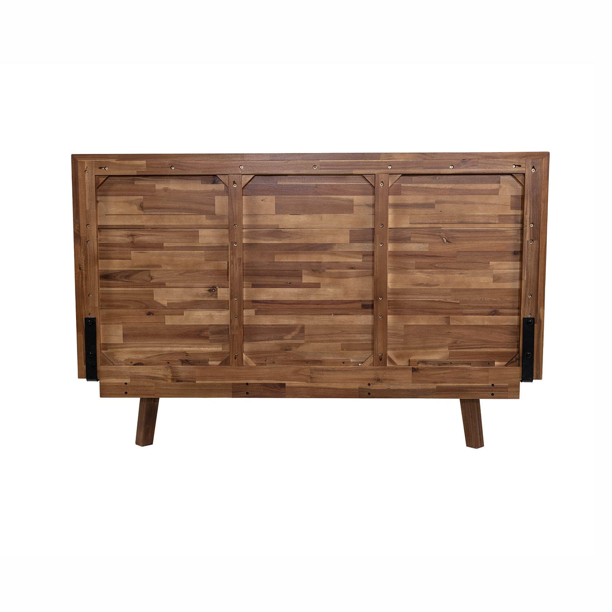 Front view of the Gia platform bed featuring a clean-lined headboard with horizontal wood planks in a weathered light oak finish