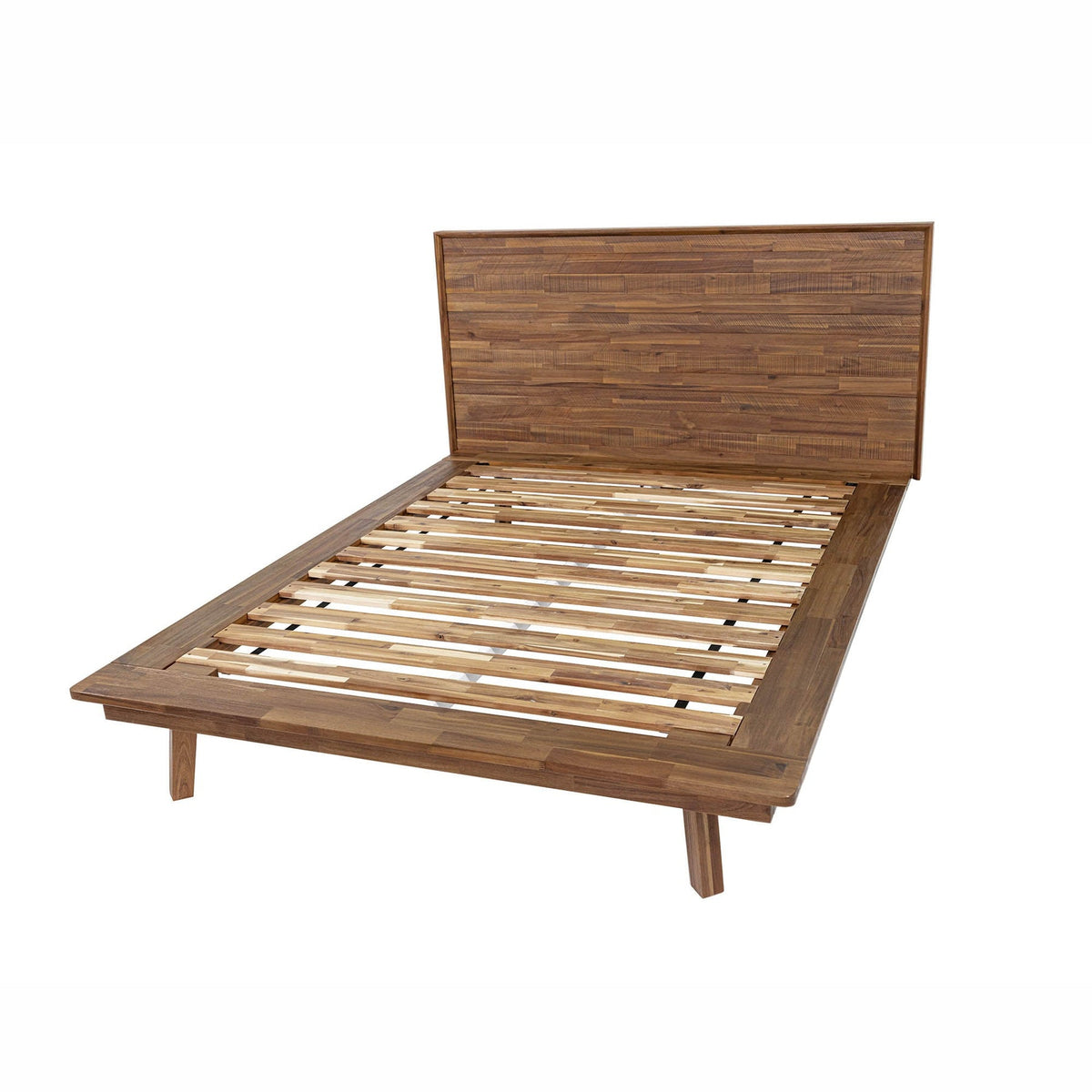 Front view of the Gia platform bed featuring a clean-lined headboard with horizontal wood planks in a weathered light oak finish