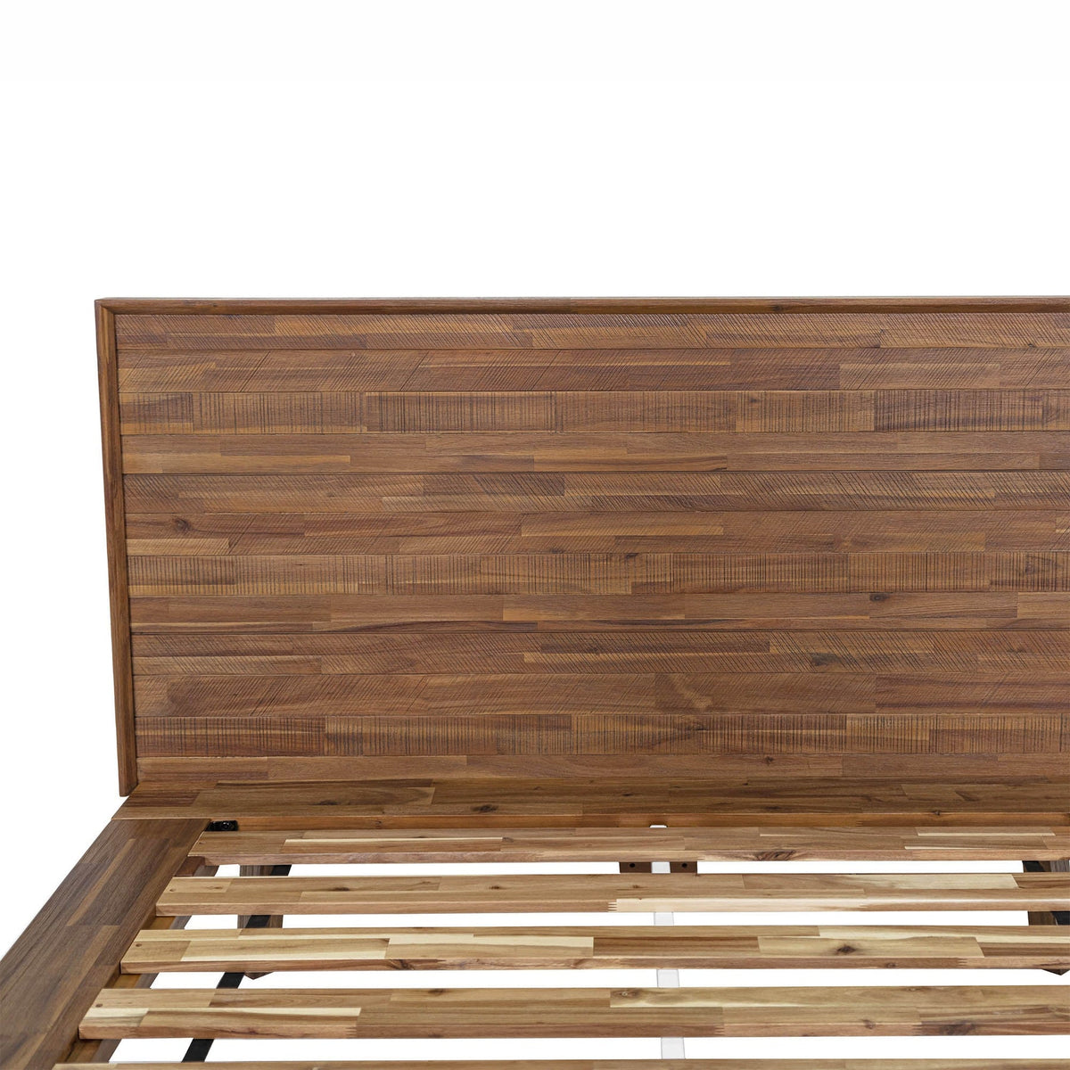Front view of the Gia platform bed featuring a clean-lined headboard with horizontal wood planks in a weathered light oak finish