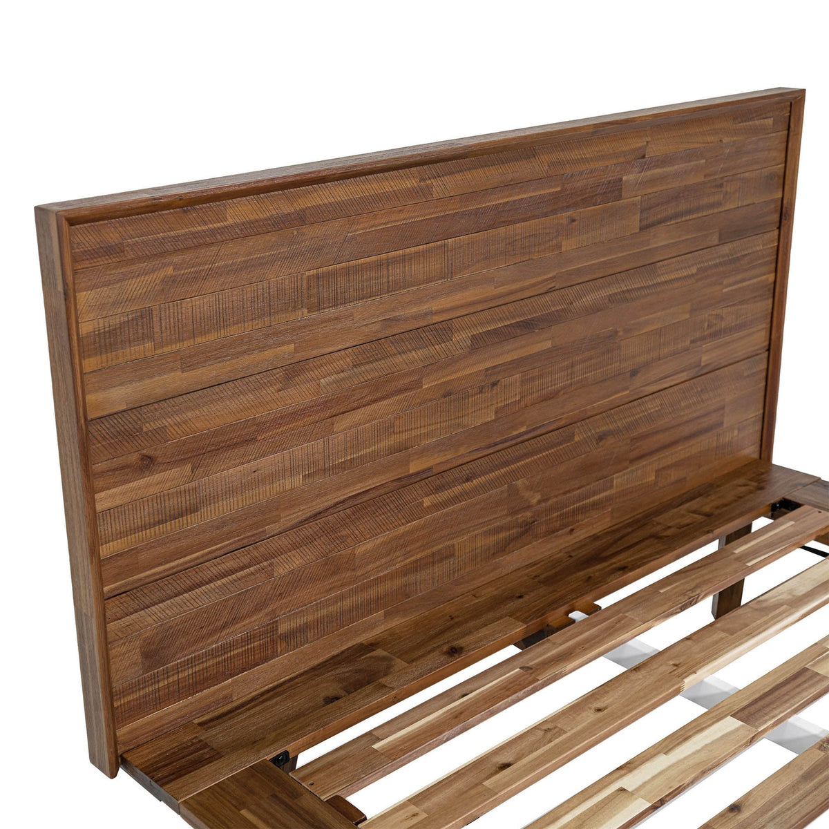 Front view of the Gia platform bed featuring a clean-lined headboard with horizontal wood planks in a weathered light oak finish