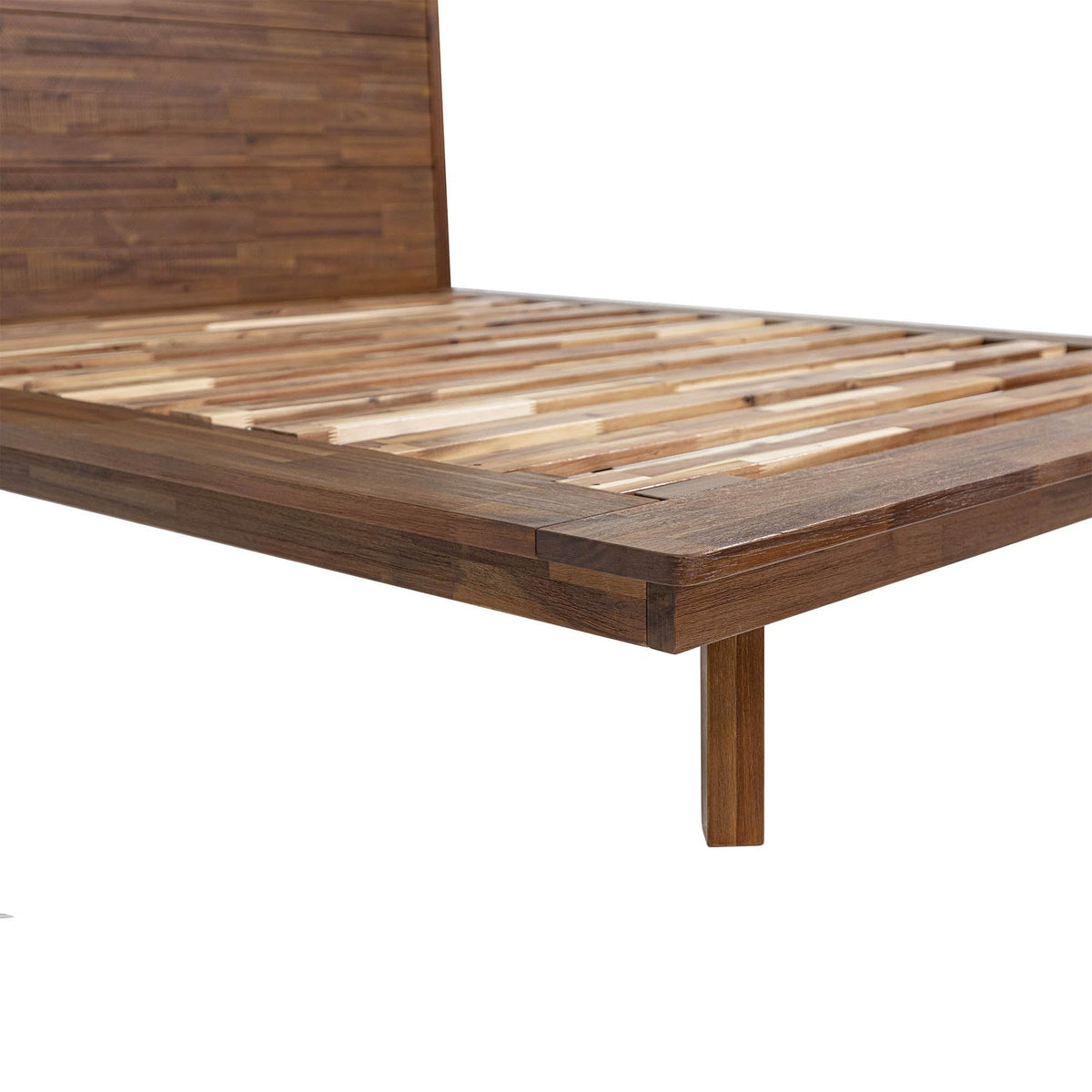Front view of the Gia platform bed featuring a clean-lined headboard with horizontal wood planks in a weathered light oak finish