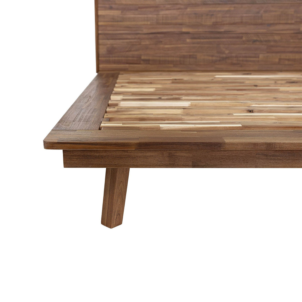 Front view of the Gia platform bed featuring a clean-lined headboard with horizontal wood planks in a weathered light oak finish