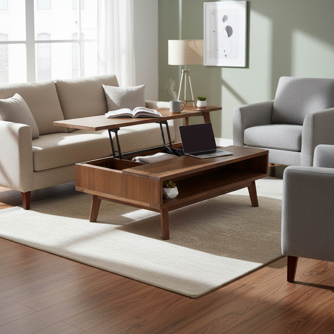Front view of the Gia coffee table with the natural mango wood top lifted to reveal an internal storage compartment