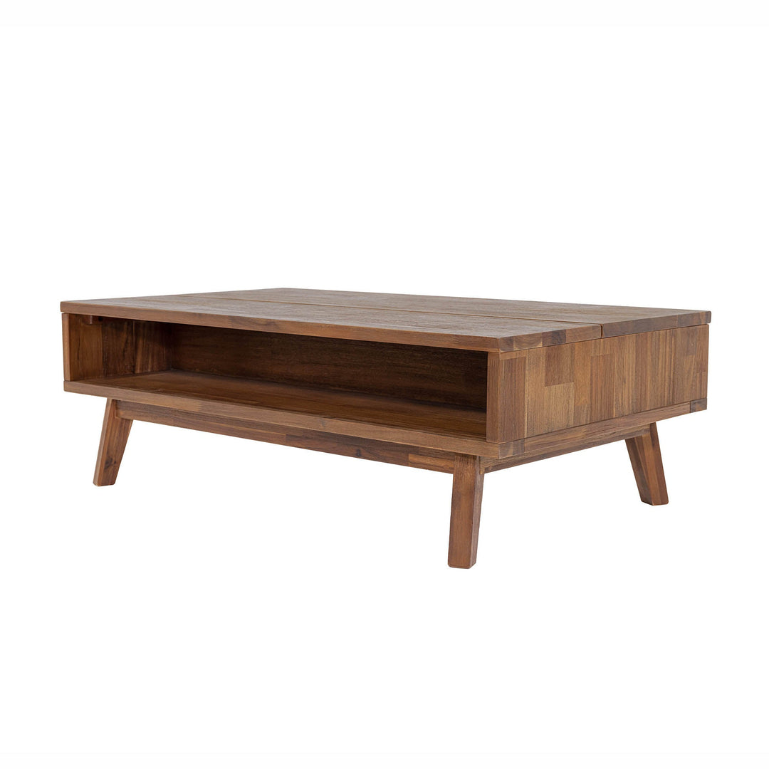 Front view of the Gia coffee table with the natural mango wood top lifted to reveal an internal storage compartment