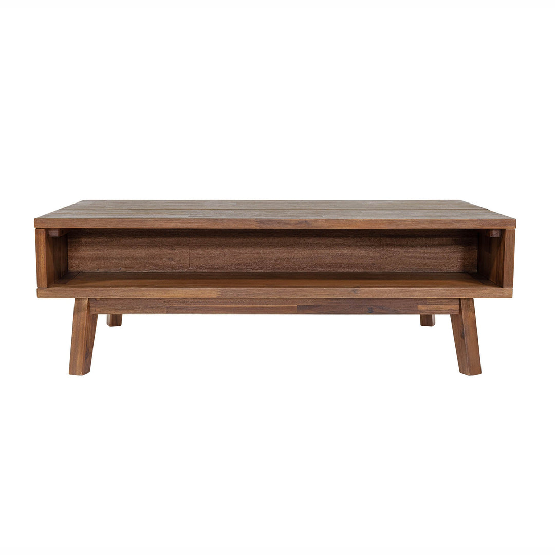 Front view of the Gia coffee table with the natural mango wood top lifted to reveal an internal storage compartment