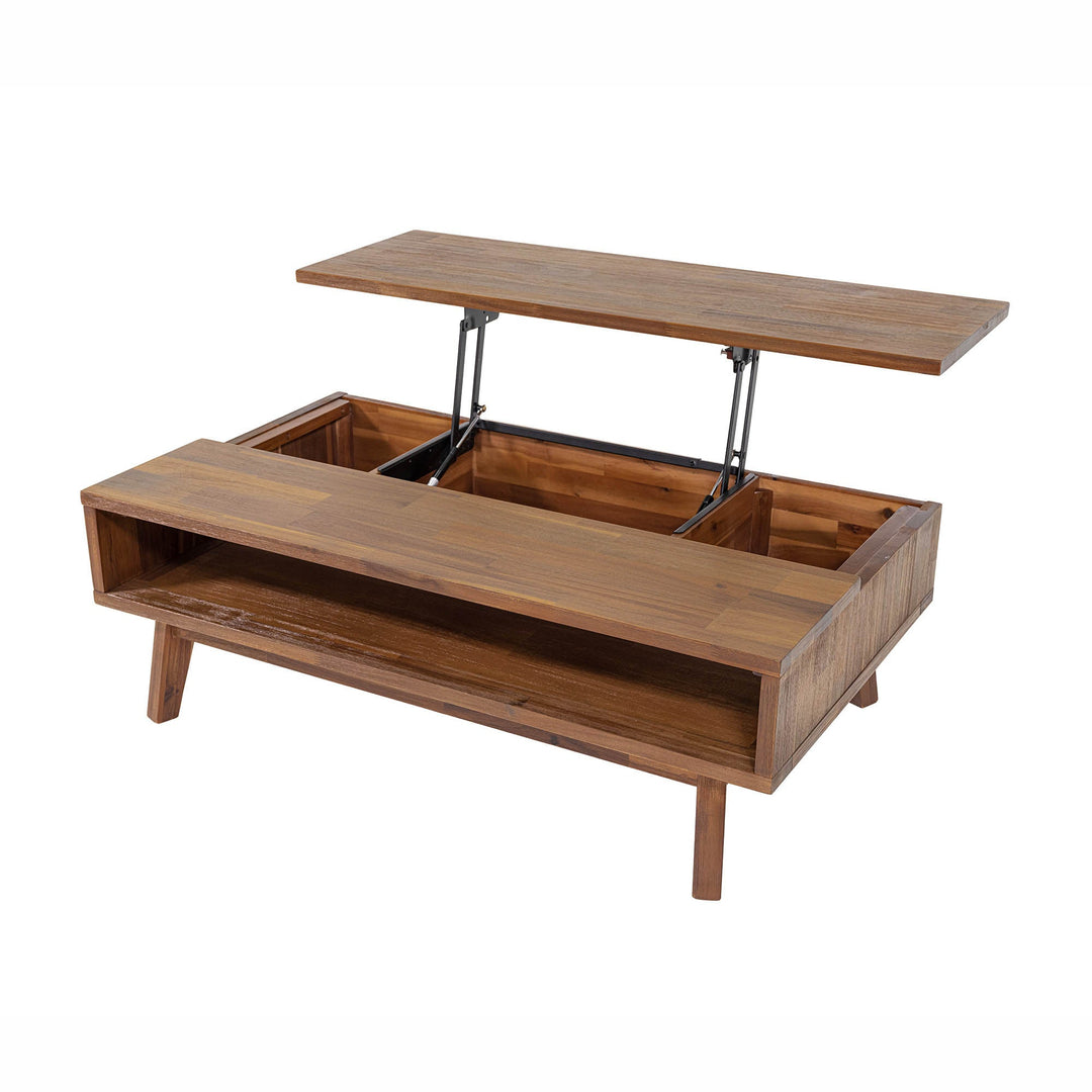 Front view of the Gia coffee table with the natural mango wood top lifted to reveal an internal storage compartment
