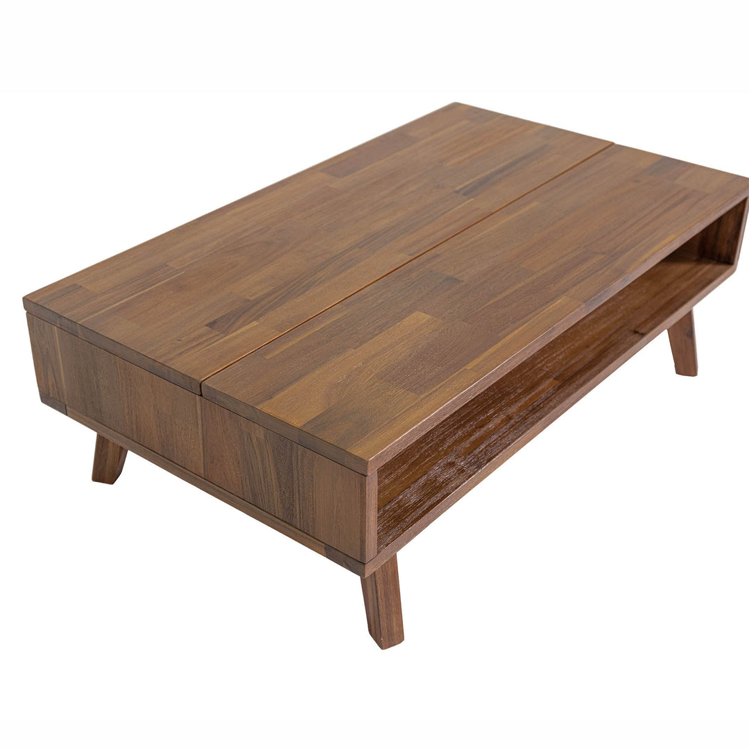Front view of the Gia coffee table with the natural mango wood top lifted to reveal an internal storage compartment