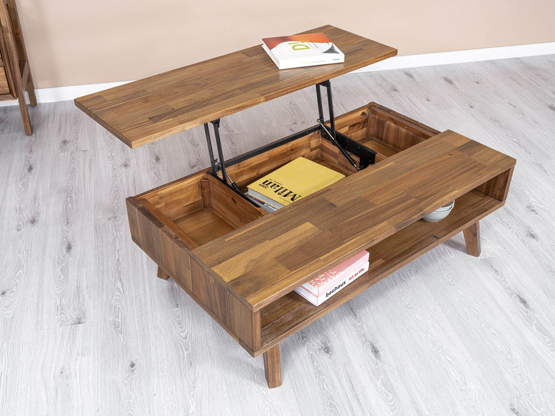 Front view of the Gia coffee table with the natural mango wood top lifted to reveal an internal storage compartment