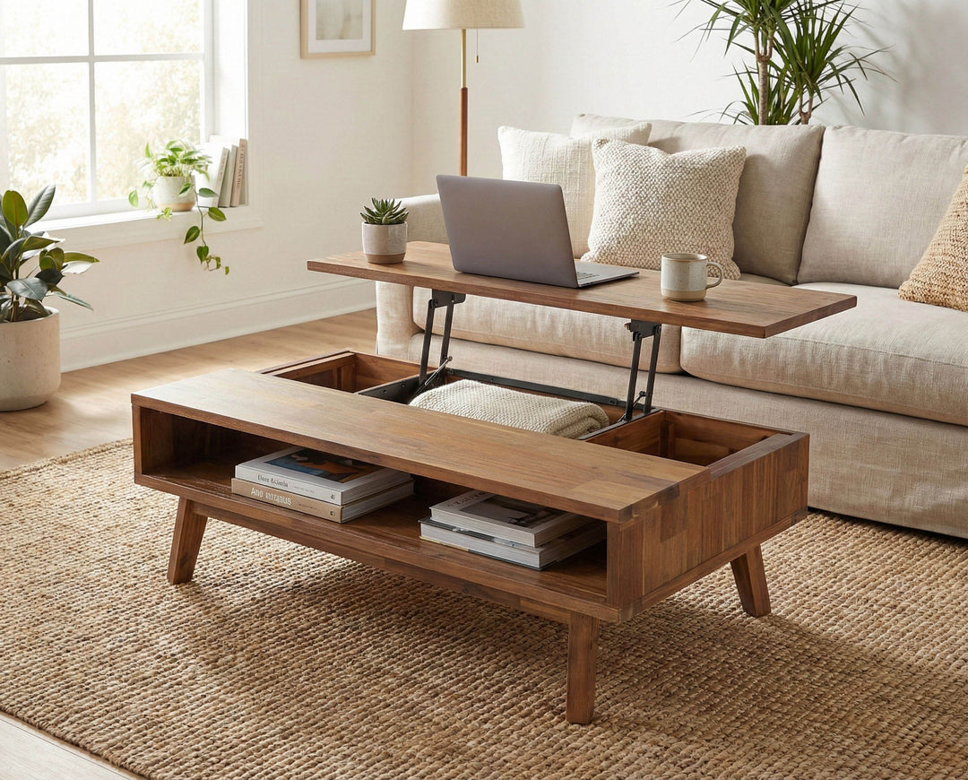 Front view of the Gia coffee table with the natural mango wood top lifted to reveal an internal storage compartment