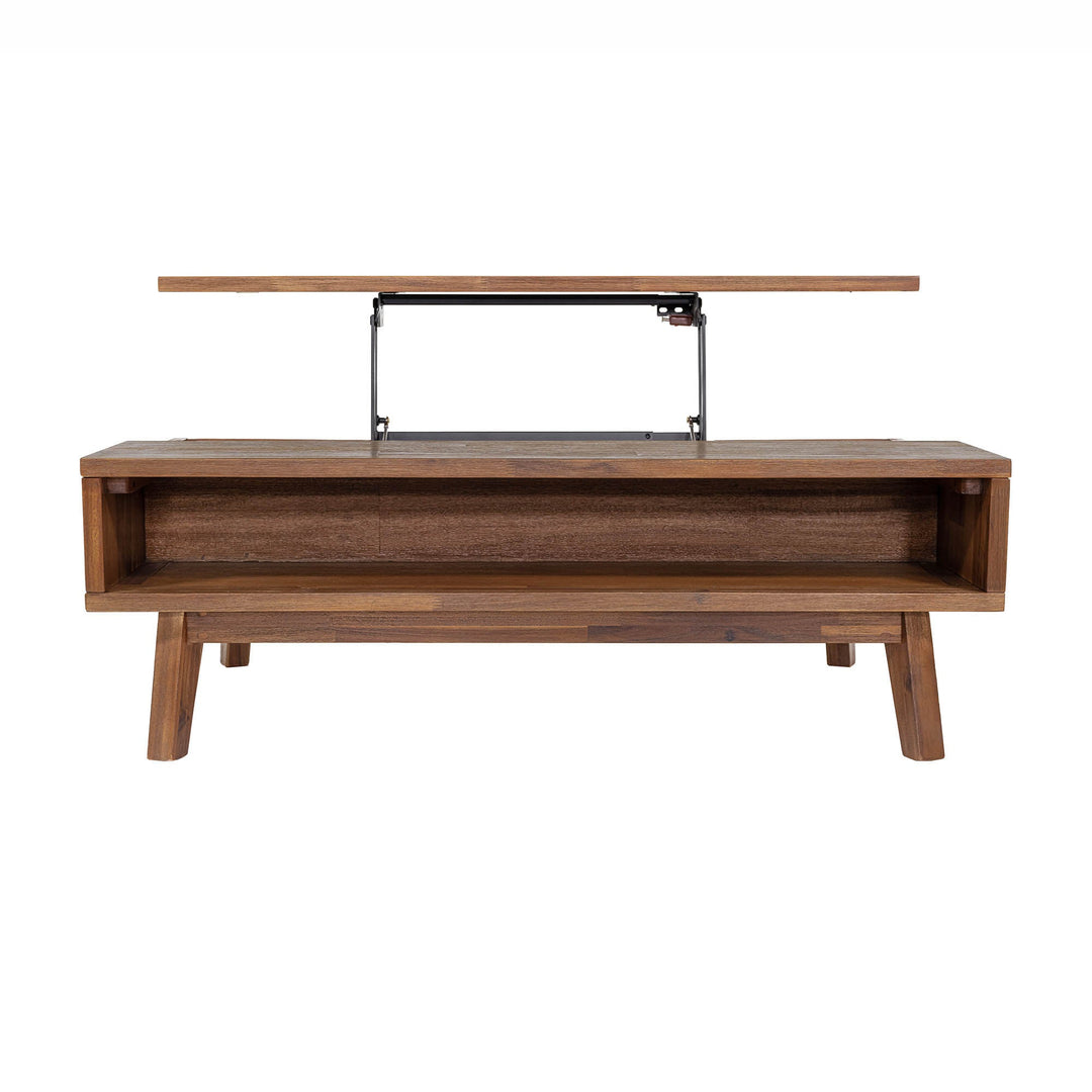 Front view of the Gia coffee table with the natural mango wood top lifted to reveal an internal storage compartment