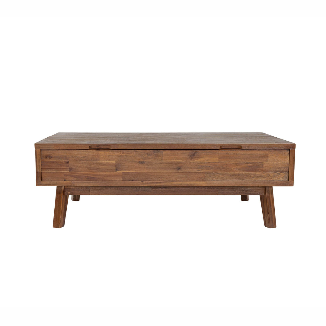 Front view of the Gia coffee table with the natural mango wood top lifted to reveal an internal storage compartment