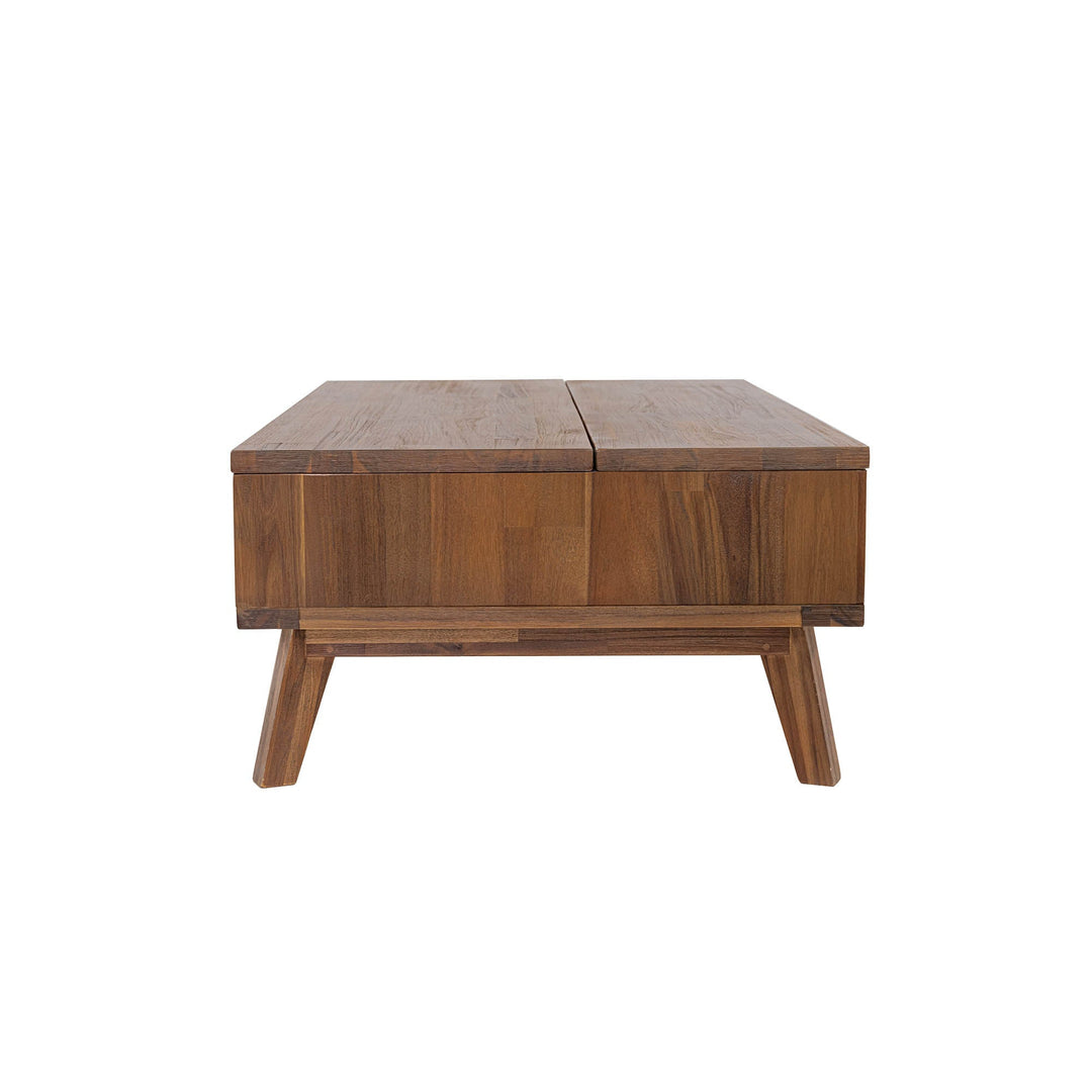 Front view of the Gia coffee table with the natural mango wood top lifted to reveal an internal storage compartment