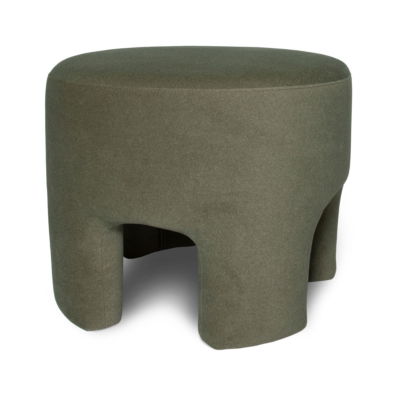 Front three-quarter view of the Ginger mushroom-shaped ottoman featuring rich chestnut brown velvet upholstery