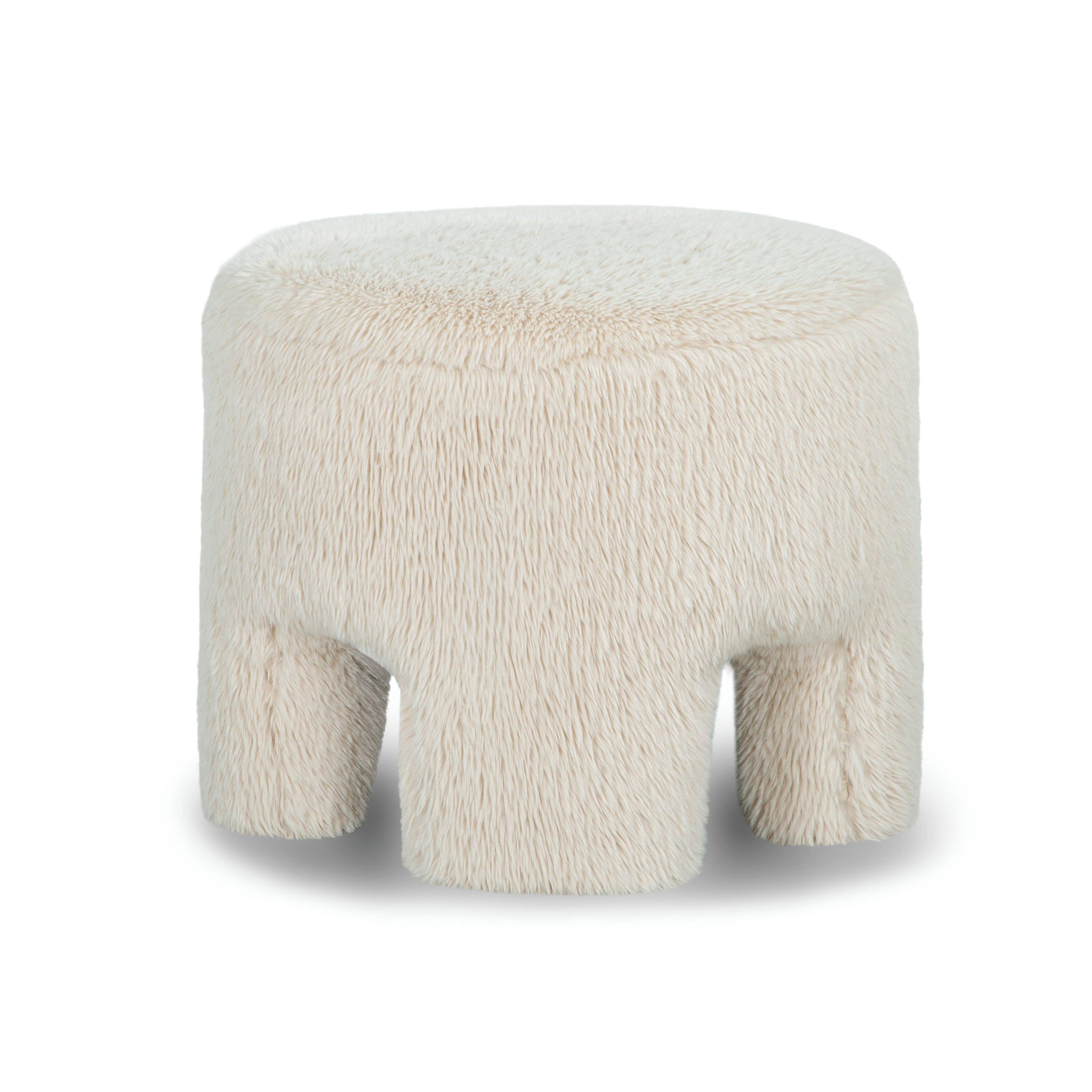 Front three-quarter view of the Ginger mushroom-shaped ottoman featuring rich chestnut brown velvet upholstery