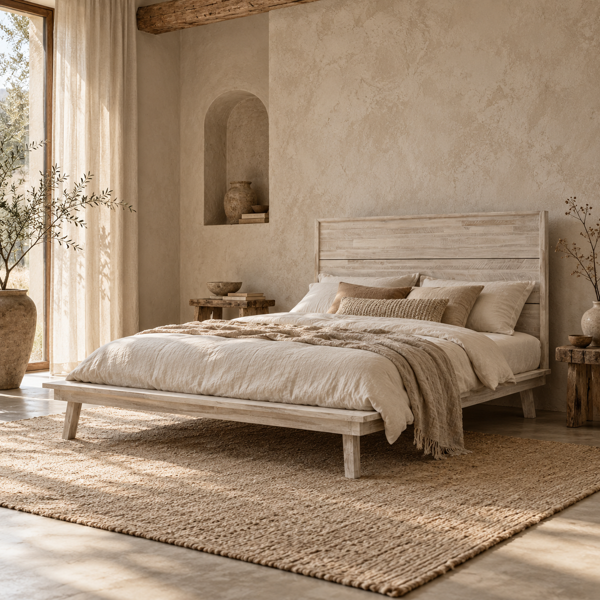 Front view of the Gia platform bed featuring a clean-lined headboard with horizontal wood planks in a weathered light oak finish
