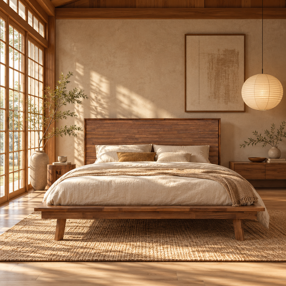 Front view of the Gia platform bed featuring a clean-lined headboard with horizontal wood planks in a weathered light oak finish