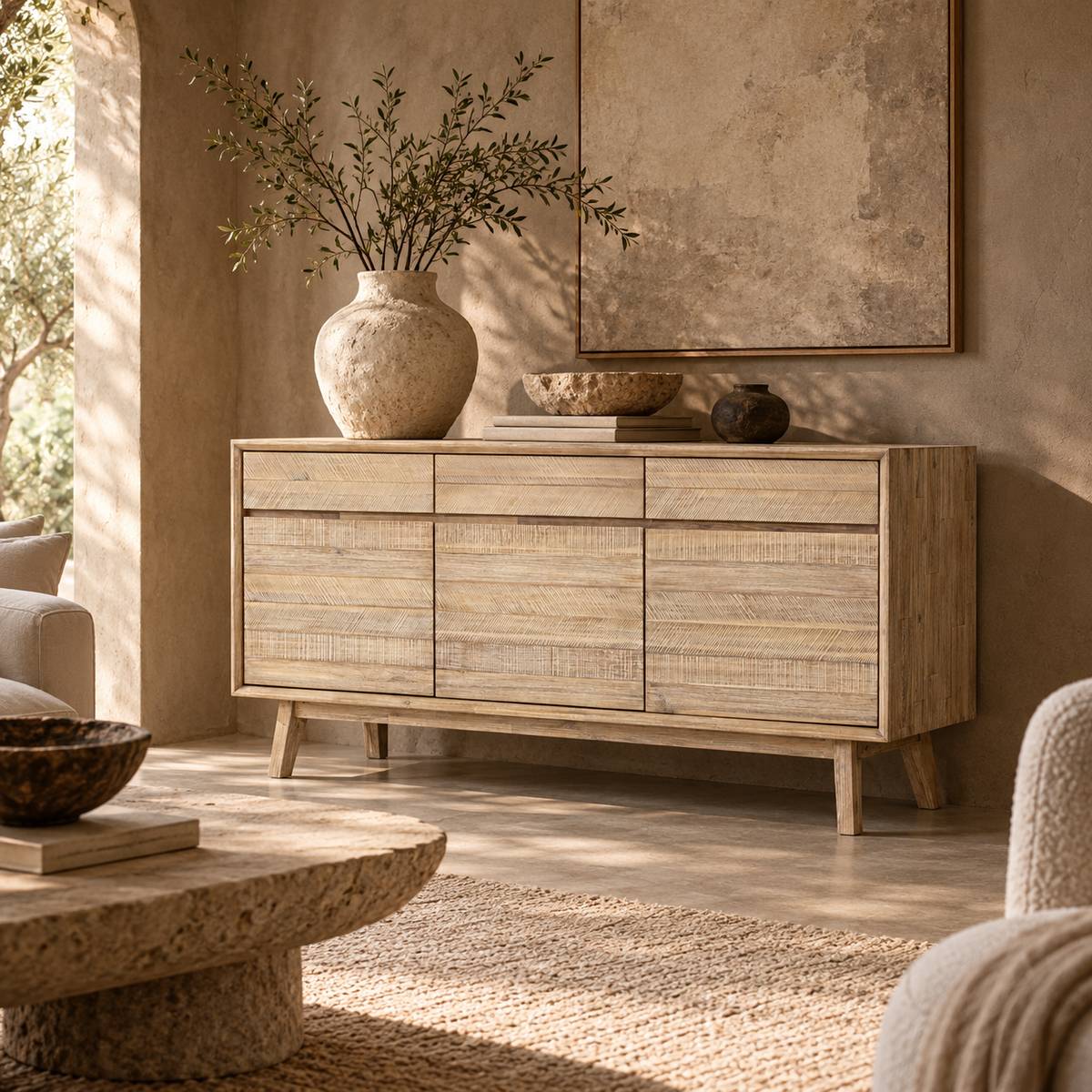 Front perspective view of the Gia sideboard featuring natural wood construction with horizontal textured paneling and three top drawers