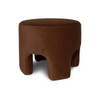 Front three-quarter view of the Ginger mushroom-shaped ottoman featuring rich chestnut brown velvet upholstery