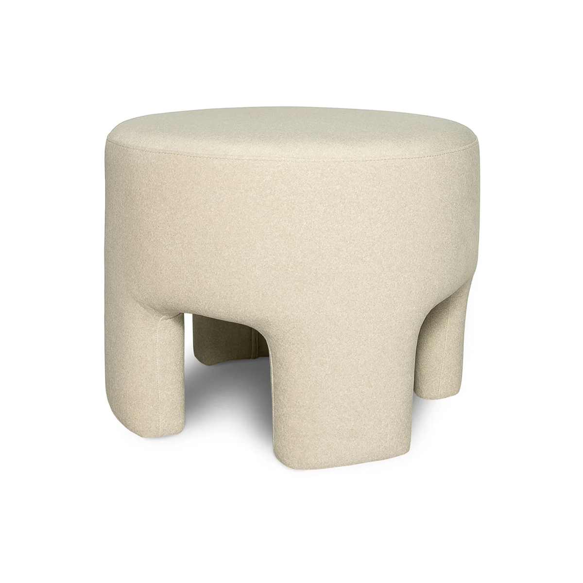 Front three-quarter view of the Ginger mushroom-shaped ottoman featuring plush natural velvet upholstery