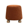 Front view of the Giselle round ottoman featuring burnt orange textured upholstery and four tapered light wood feet