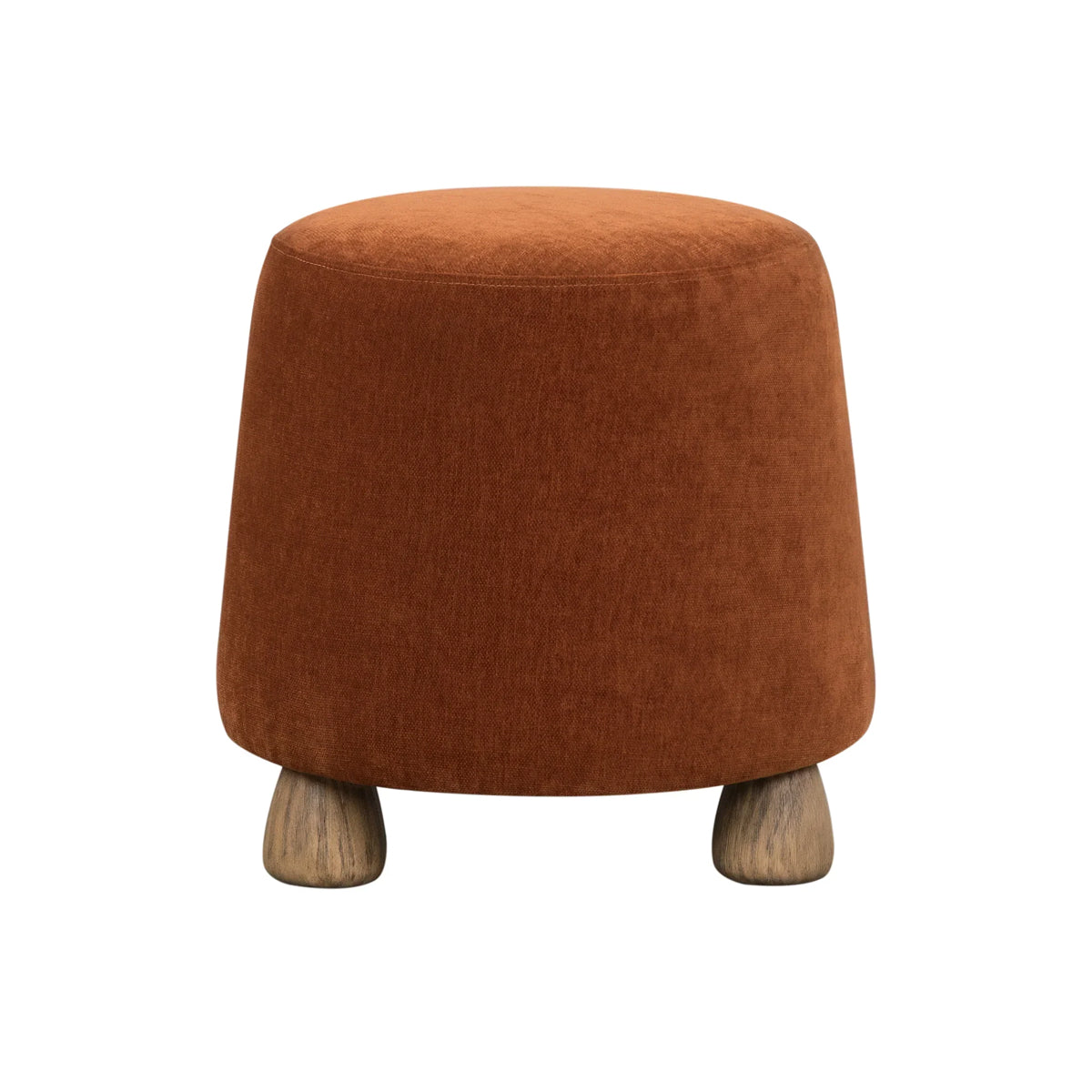 Front view of the Giselle round ottoman featuring burnt orange textured upholstery and four tapered light wood feet