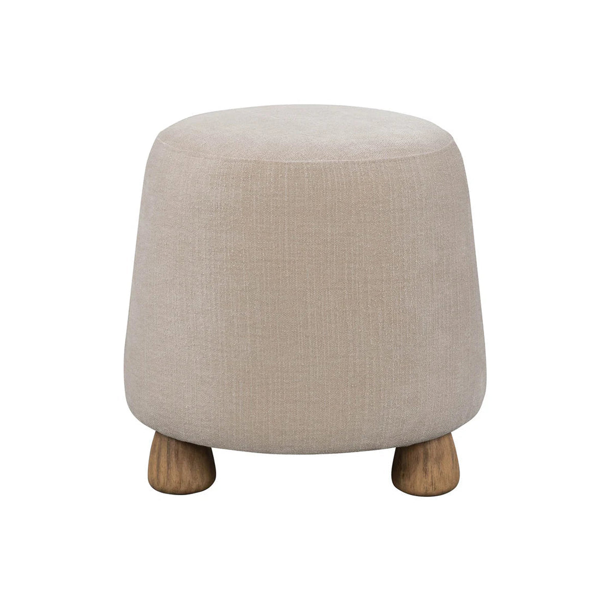 Front view of the Giselle round ottoman featuring burnt orange textured upholstery and four tapered light wood feet