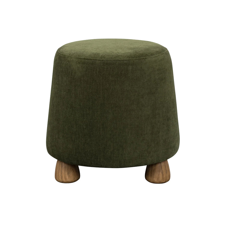 Front view of the Giselle ottoman in olive green velvet upholstery featuring the signature tapered wood legs