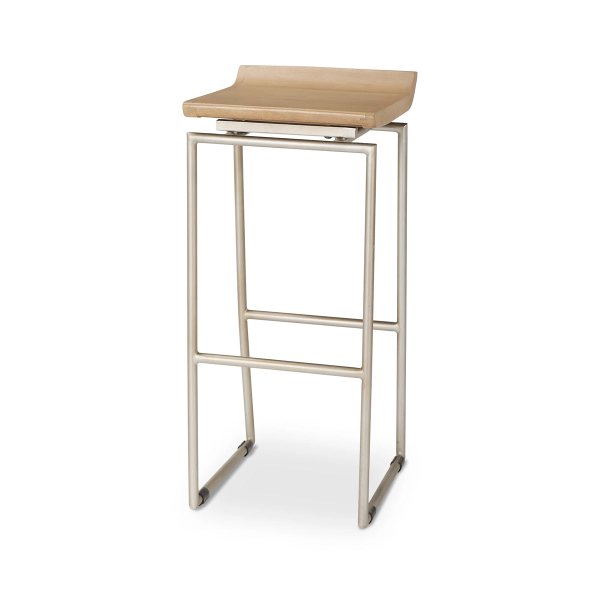 A modern counter stool with a light natural wood seat and a slim, brushed silver metal frame, shown against a plain white background.