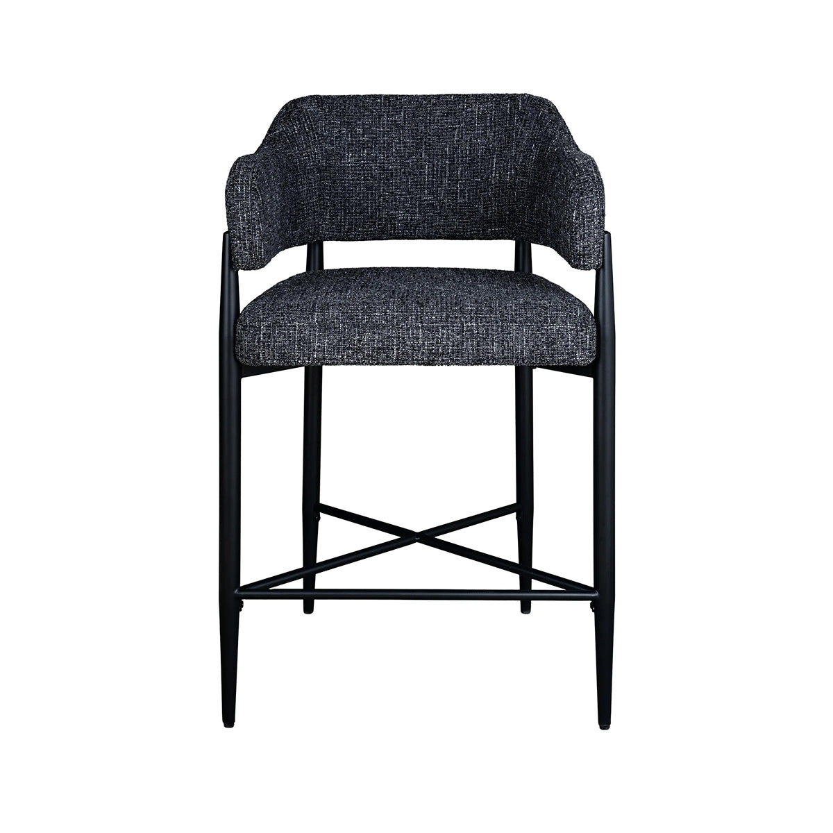 A modern counter-height bar stool with a light beige textured fabric upholstered seat and curved backrest, supported by a slim black metal frame with an X-shaped base.