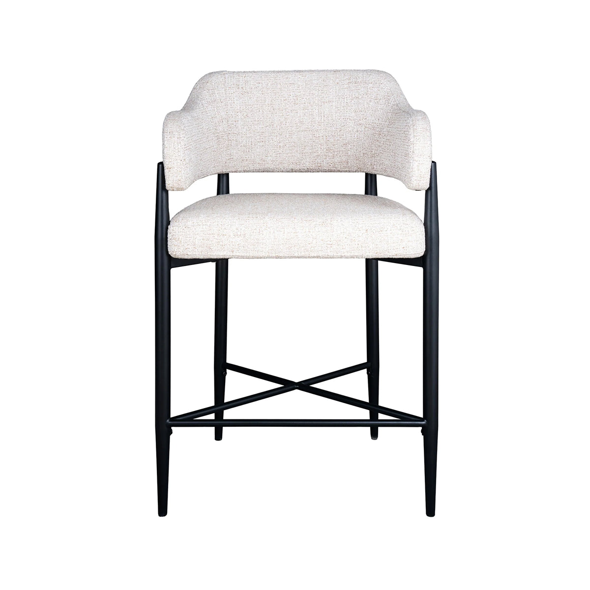 A modern counter-height bar stool with a light beige textured fabric upholstered seat and curved backrest, supported by a slim black metal frame with an X-shaped base.