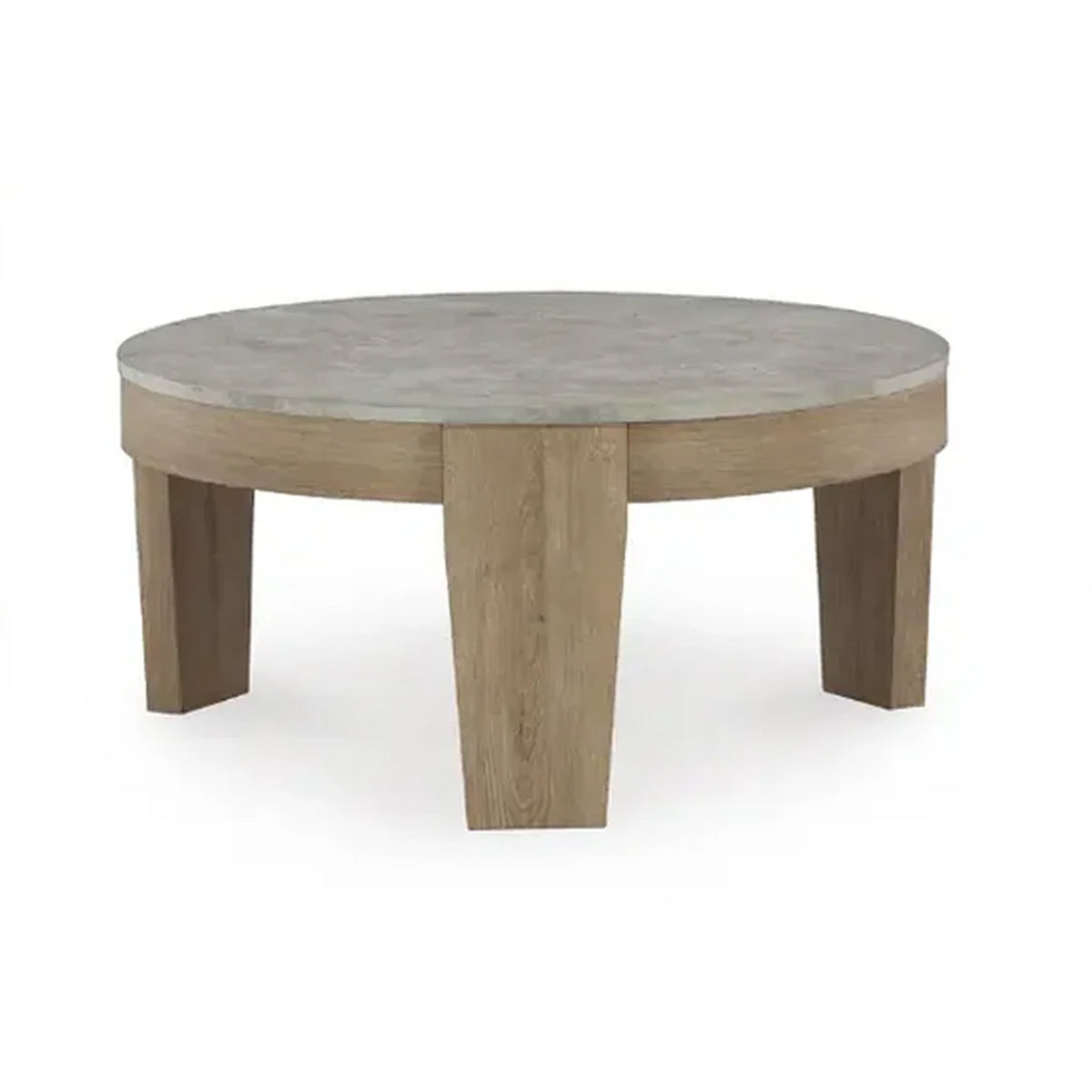 Front view of the Guystone round coffee table featuring a grey concrete-style top and a light natural wood frame with tapered legs