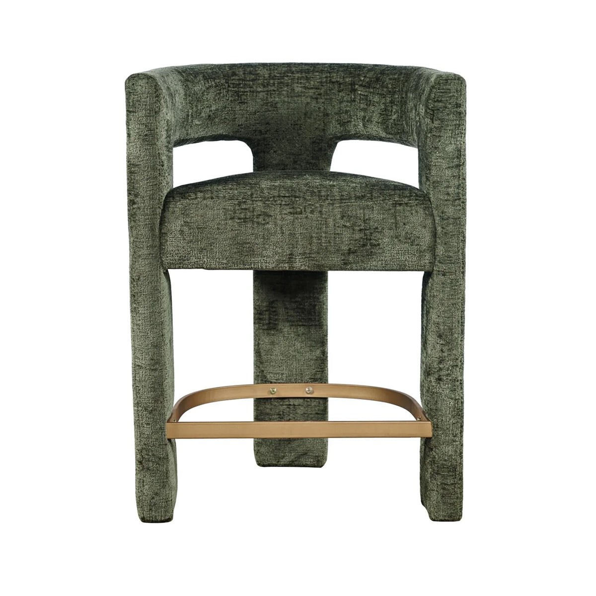 A modern barstool with a textured dark green velvet upholstery and a curved light wood footrest, shown against a plain white background.