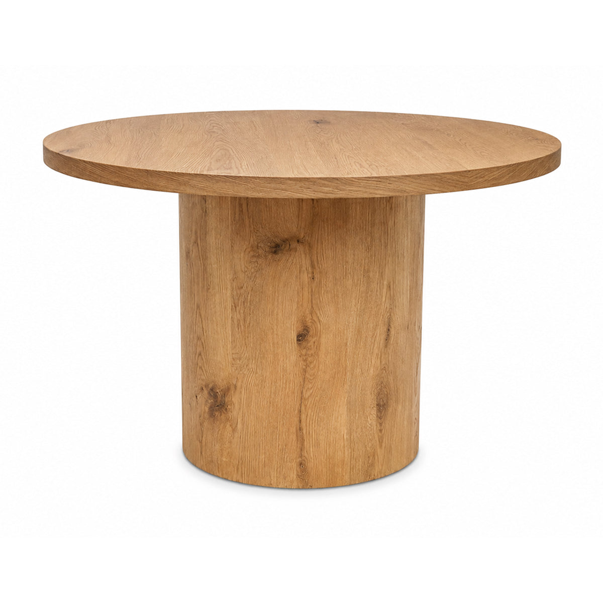 A round wooden end table with a thick cylindrical base and a natural oak finish, shown on a plain white background.