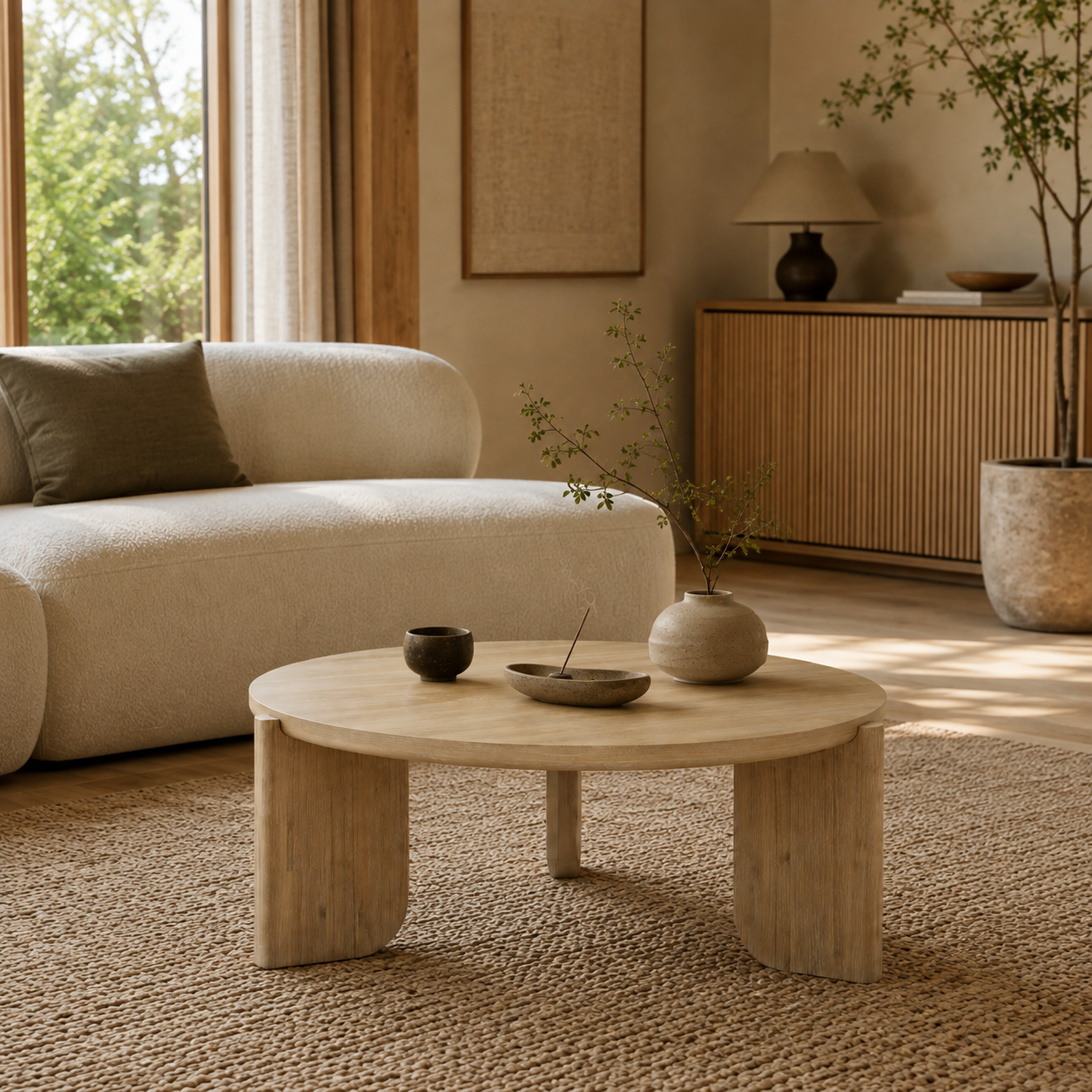 Front view of the Haru coffee table featuring a circular top and a unique architectural three-leg base in a light natural wood finish