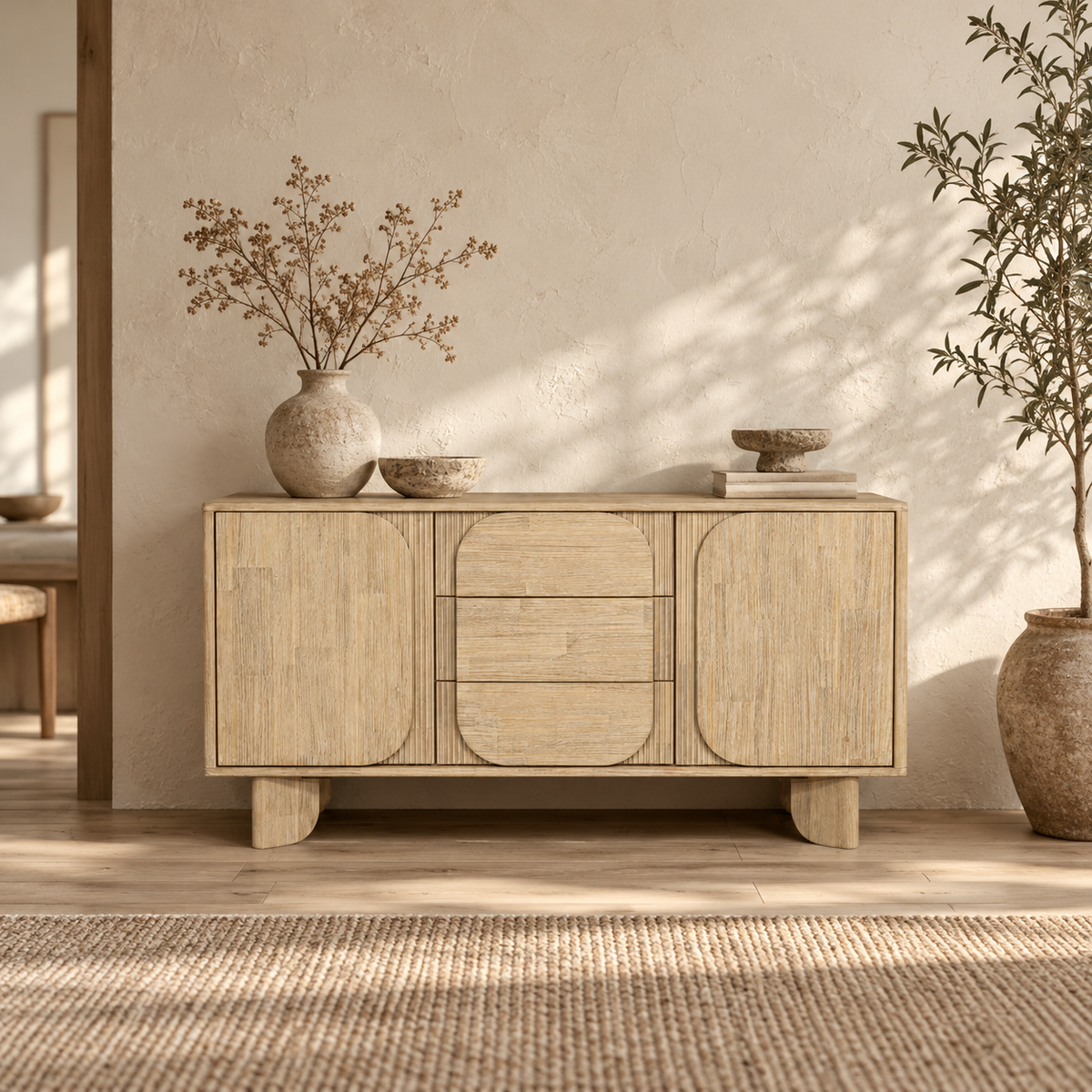 Straight-on front view showcasing the symmetrical design with two side cabinets and three stacked central drawers