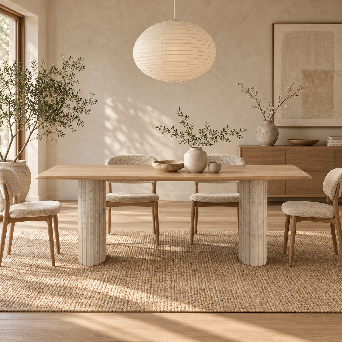 Front view of the Hedron dining table in a natural oak finish featuring rounded corners and two thick ribbed pedestal legs