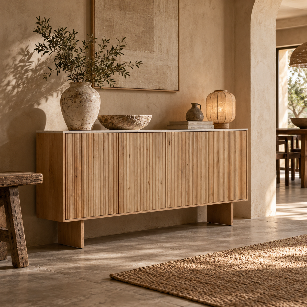 Straight-on front view showcasing the seamless vertical slat pattern and the light natural wood finish
