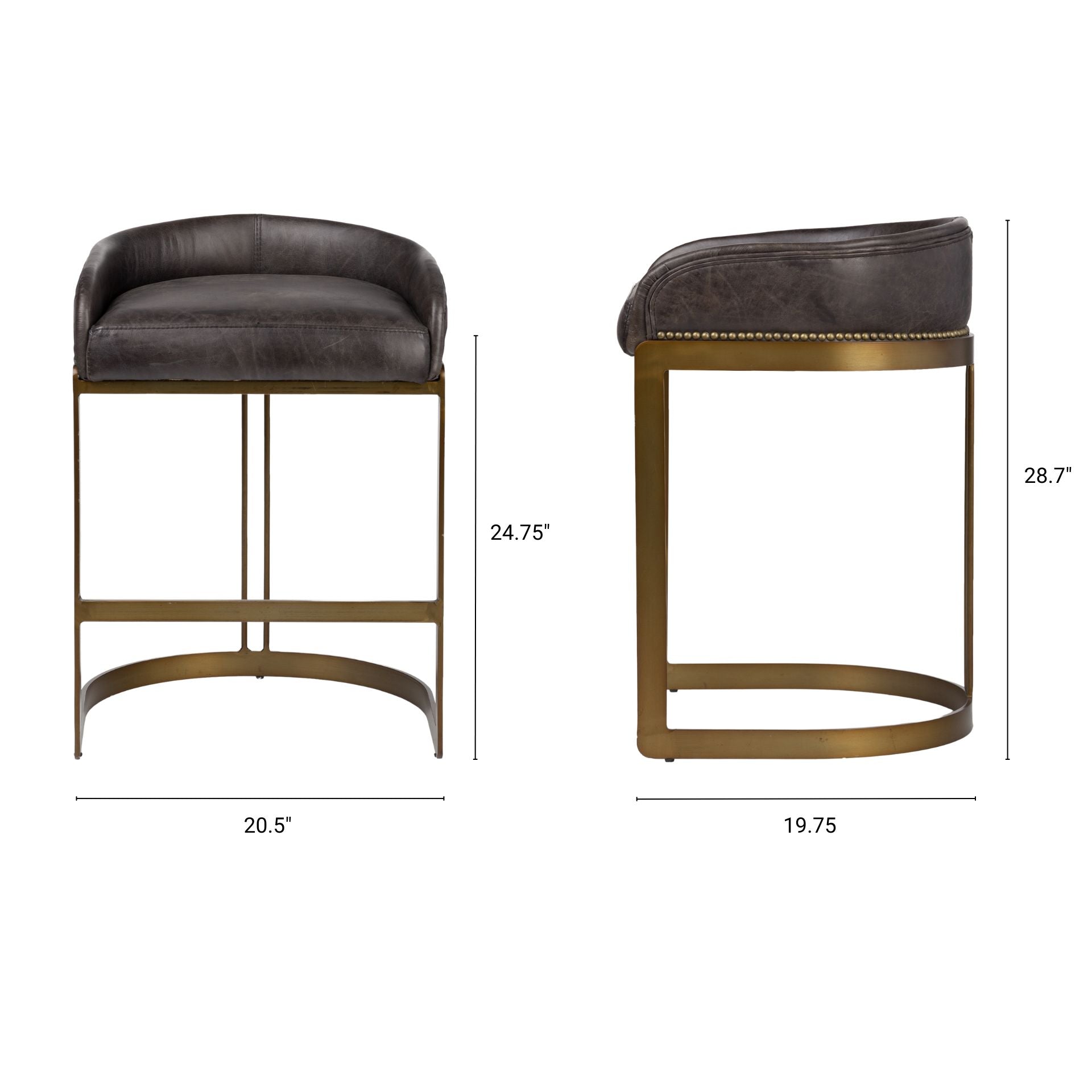 A modern bar stool featuring a curved brown leather seat cushion and backrest, supported by a slim gold-finished metal frame with a curved base, shown against a plain white background.