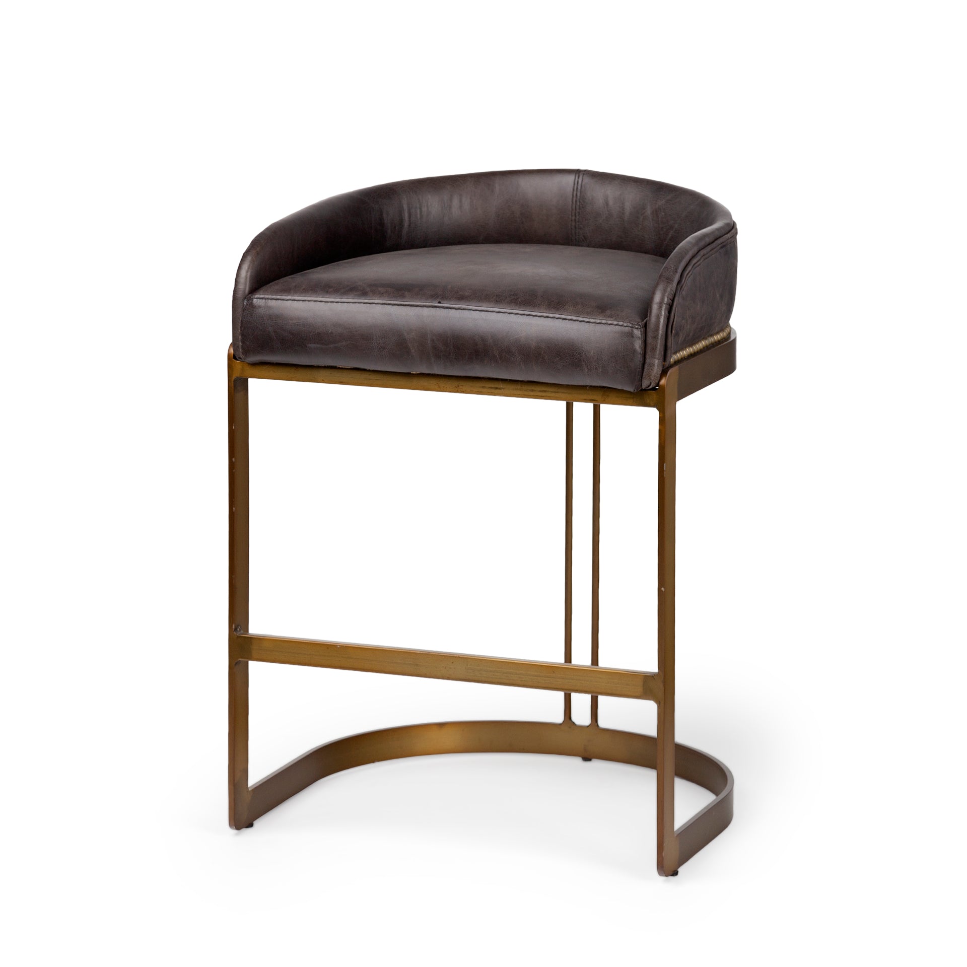 A modern bar stool featuring a curved brown leather seat cushion and backrest, supported by a slim gold-finished metal frame with a curved base, shown against a plain white background.