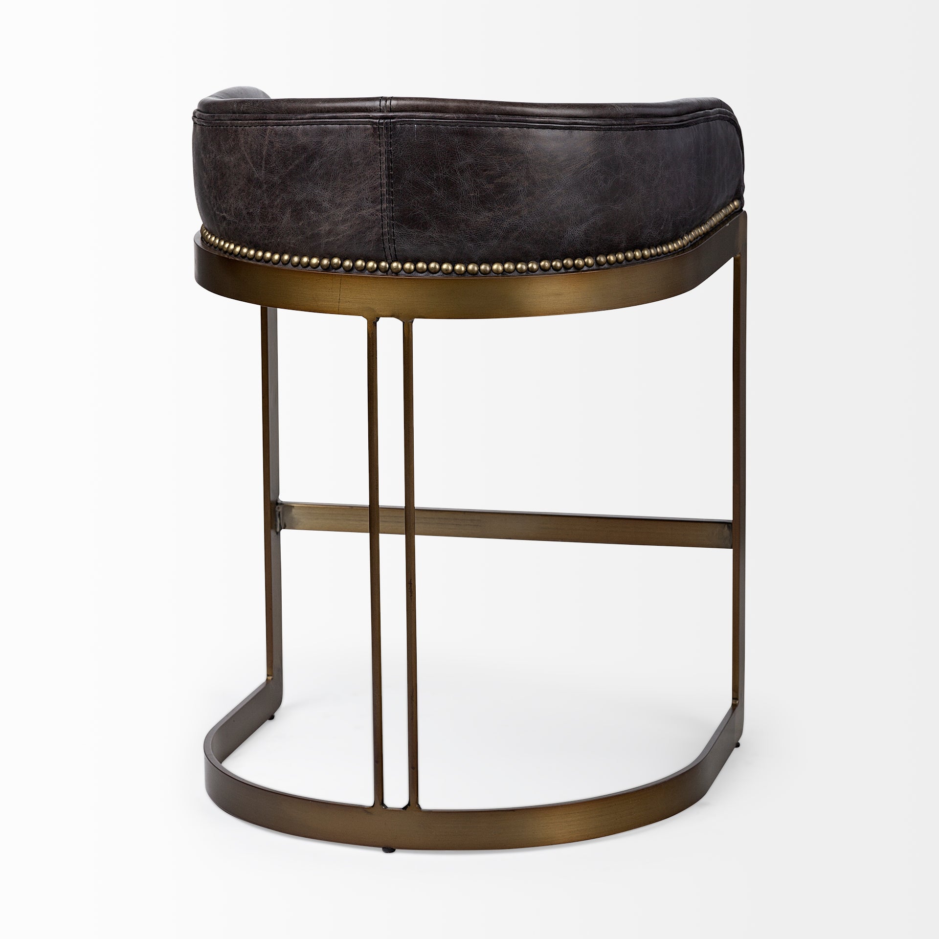 A modern bar stool featuring a curved brown leather seat cushion and backrest, supported by a slim gold-finished metal frame with a curved base, shown against a plain white background.