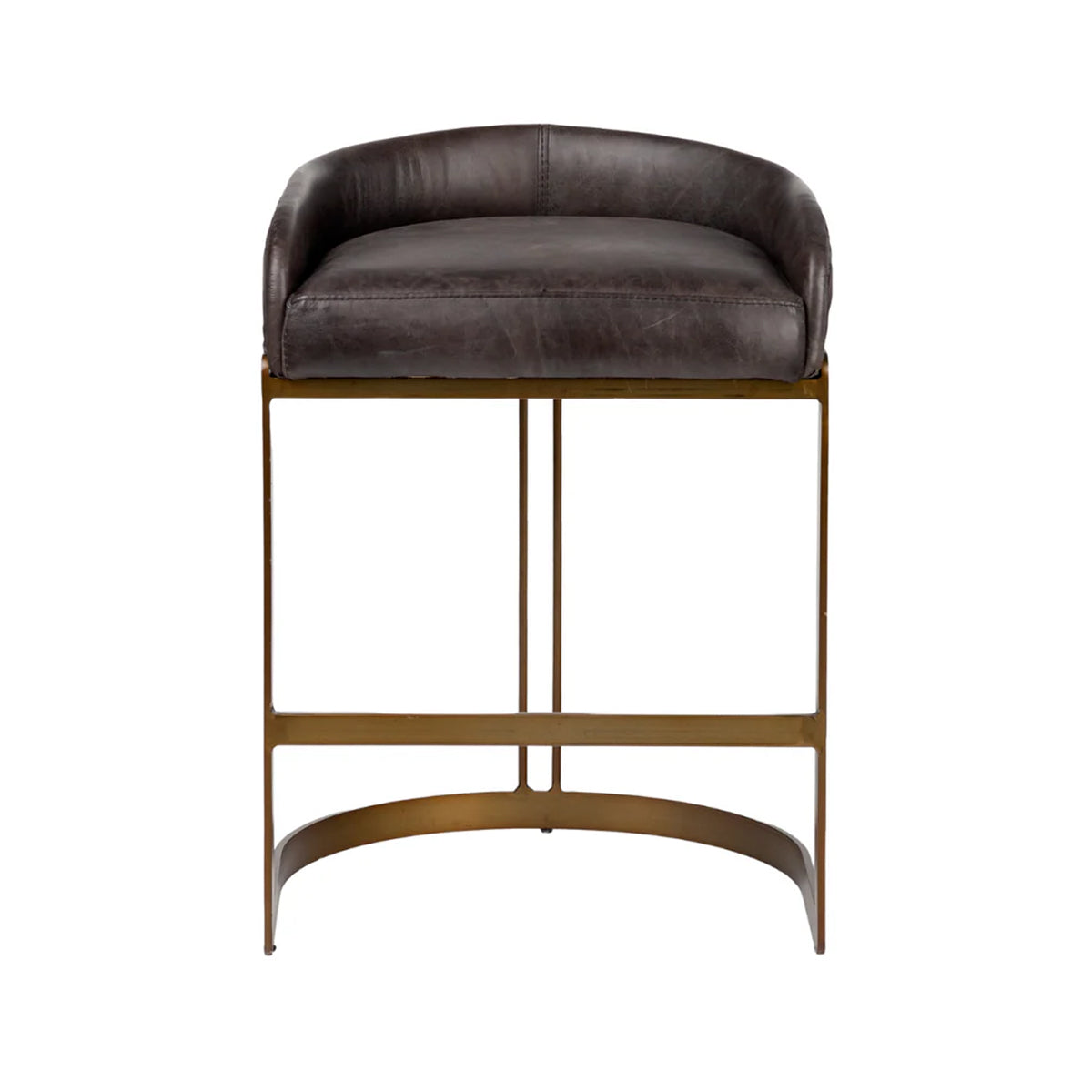 A modern bar stool featuring a dark brown leather cushioned seat and backrest, supported by a curved brass-finished metal frame, shown against a plain white background.