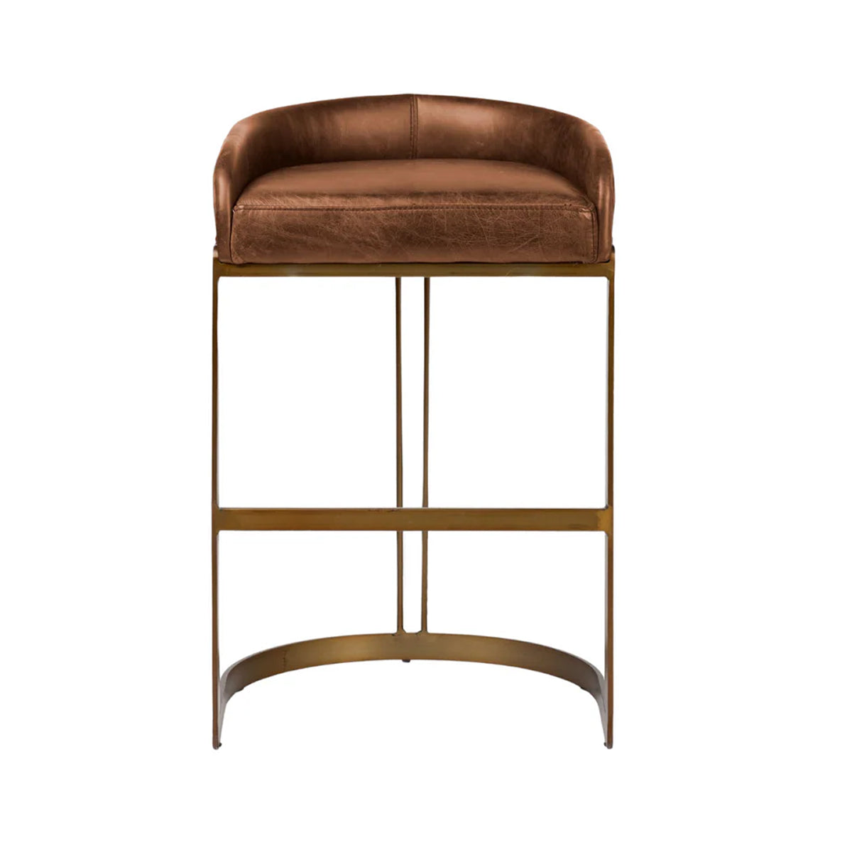A modern bar stool featuring a curved brown leather seat cushion and backrest, supported by a slim gold-finished metal frame with a curved base, shown against a plain white background.