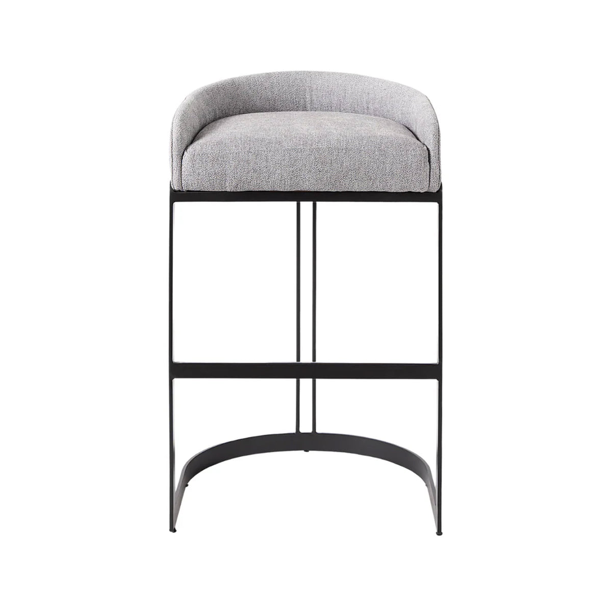 A modern bar stool with a curved white upholstered seat and a slim gold metal frame, shown against a plain white background.