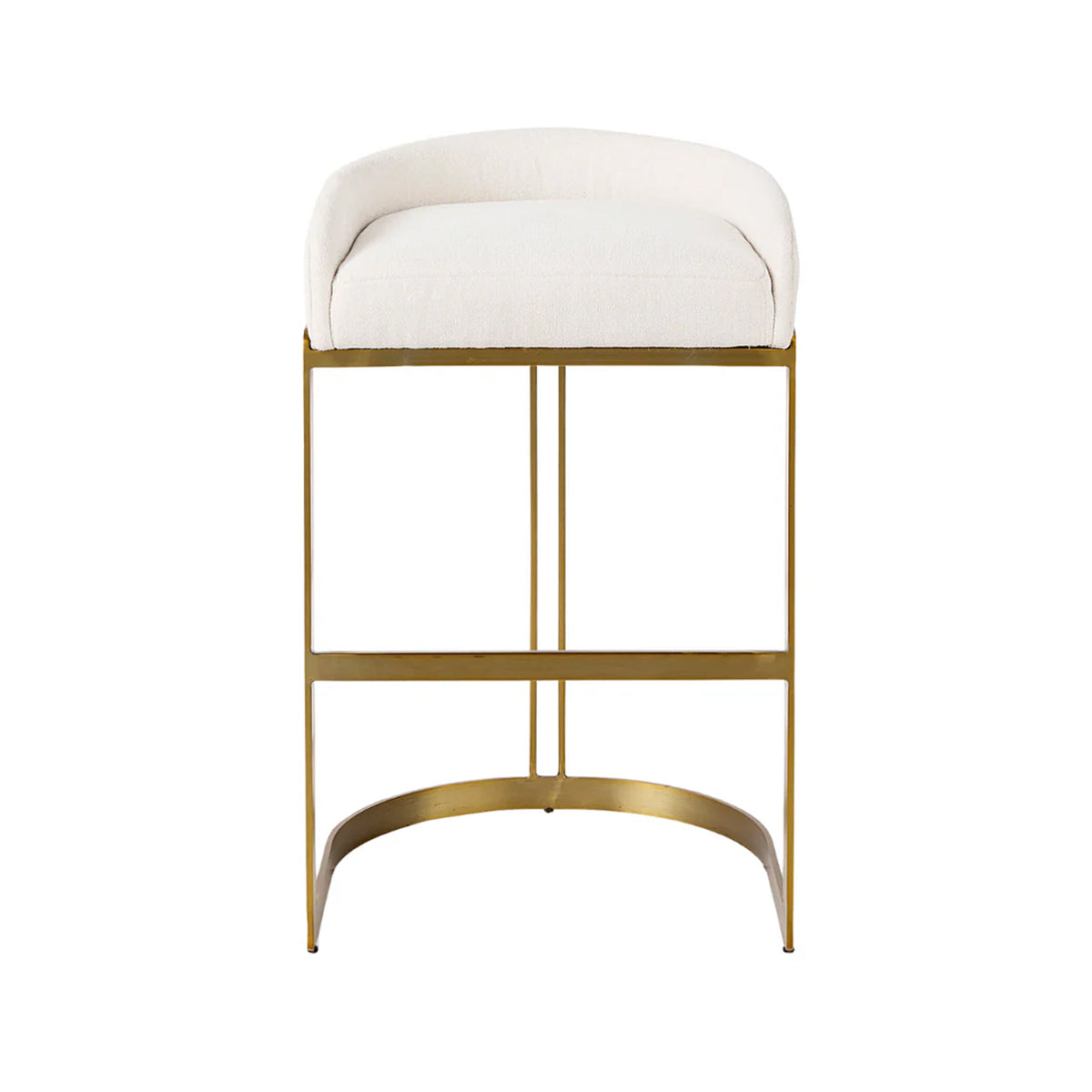 A modern bar stool with a curved white upholstered seat and a slim gold metal frame, shown against a plain white background.