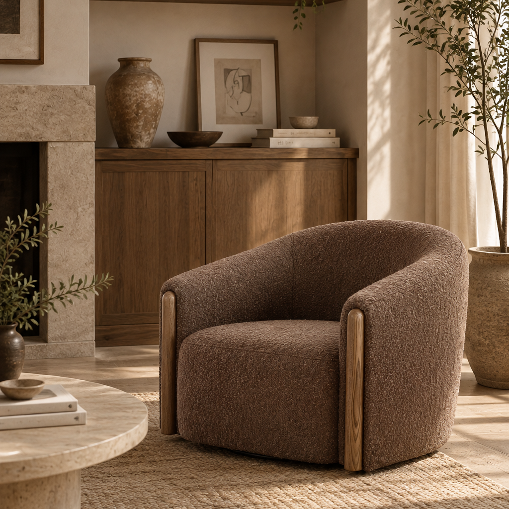 Three-quarter perspective of the coffee brown Holmvik chair highlighting the thick sculptural legs and deep plush seat