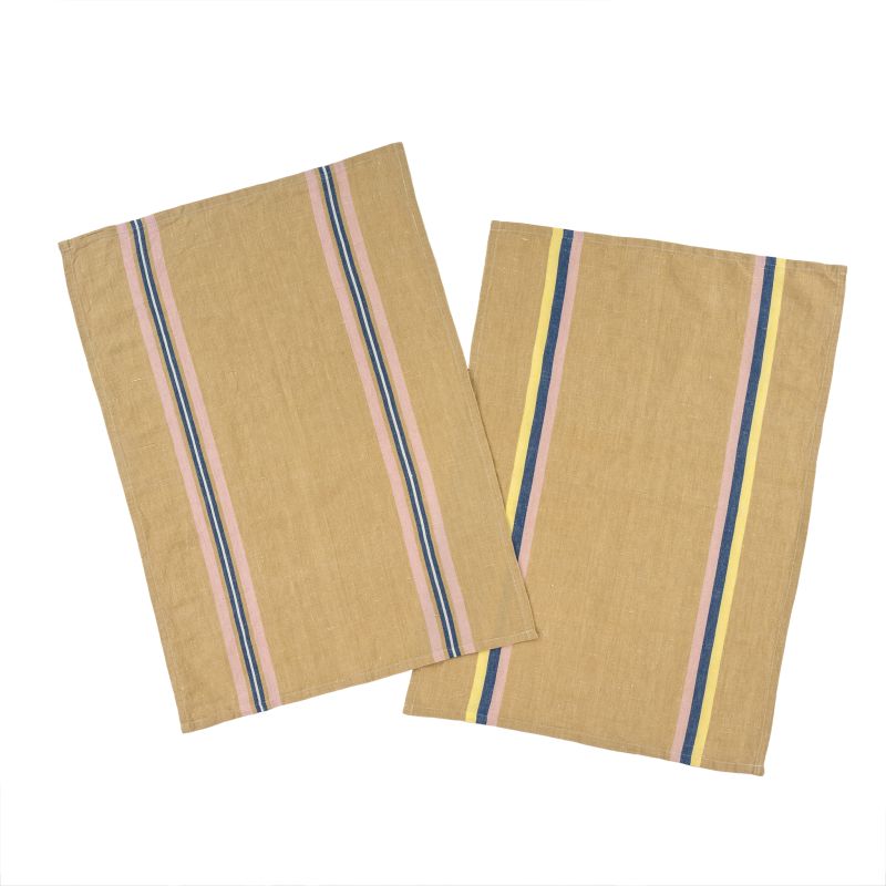 Madeira Stripe Tea Towels S/2, Ochre/Pink