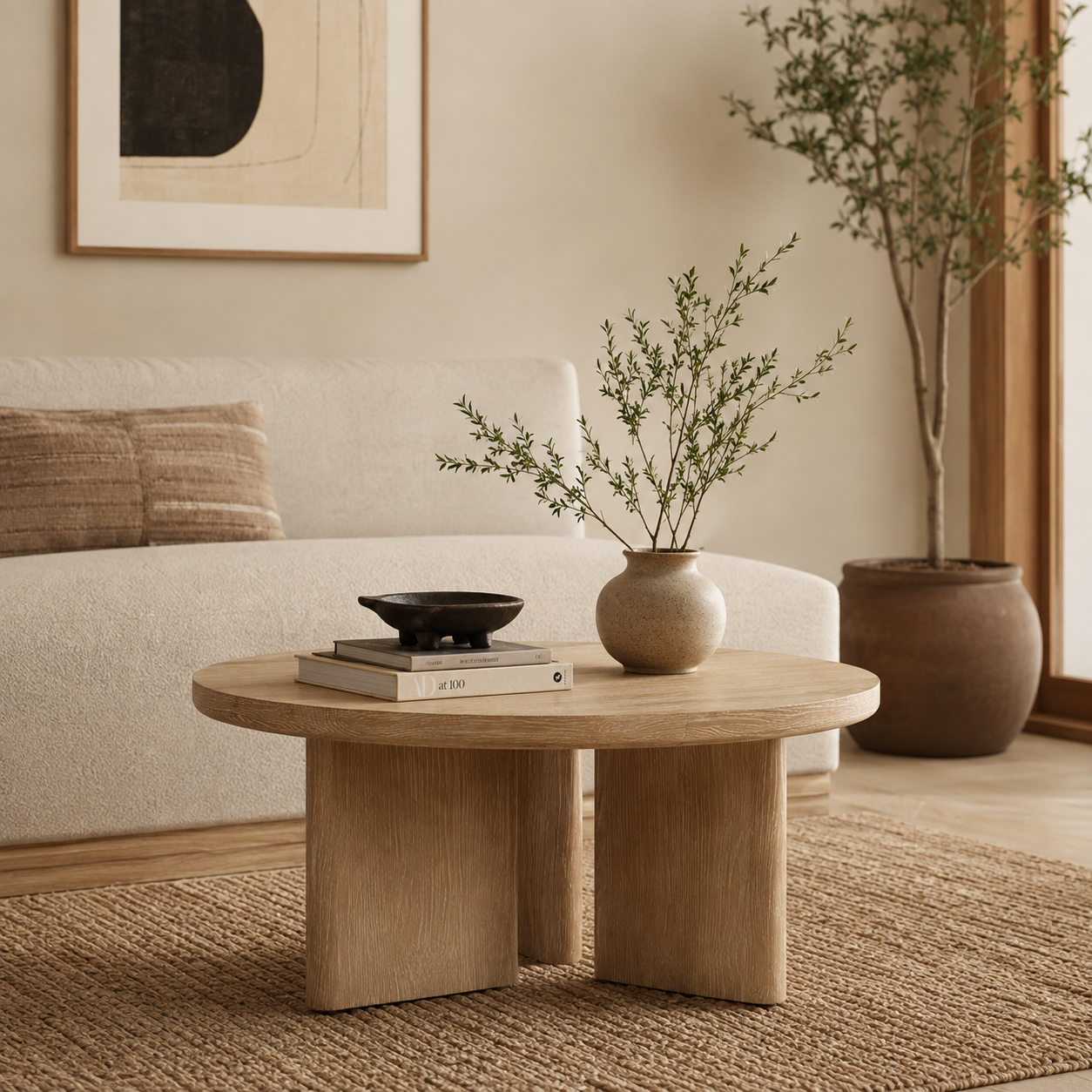 Front view of the Infinity coffee table featuring a circular light oak tabletop and a unique sculptural base with three architectural wood panels