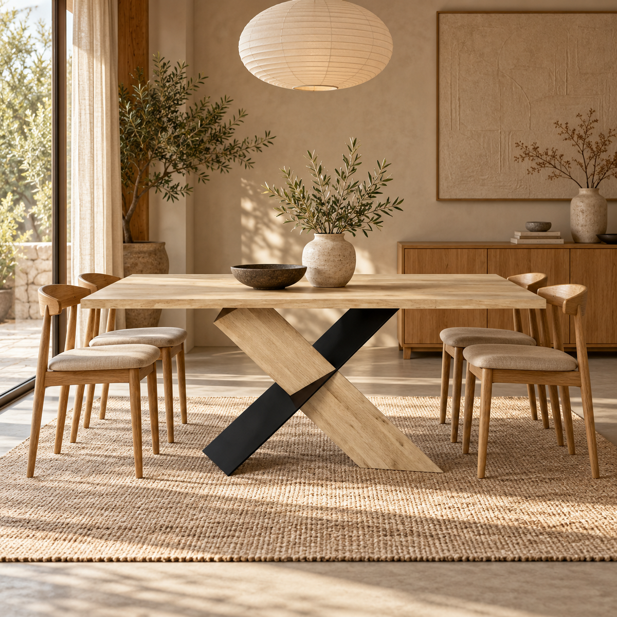 Front view of the Instinct dining table featuring a natural wood top and a sculptural black and oak interlocking X-style base